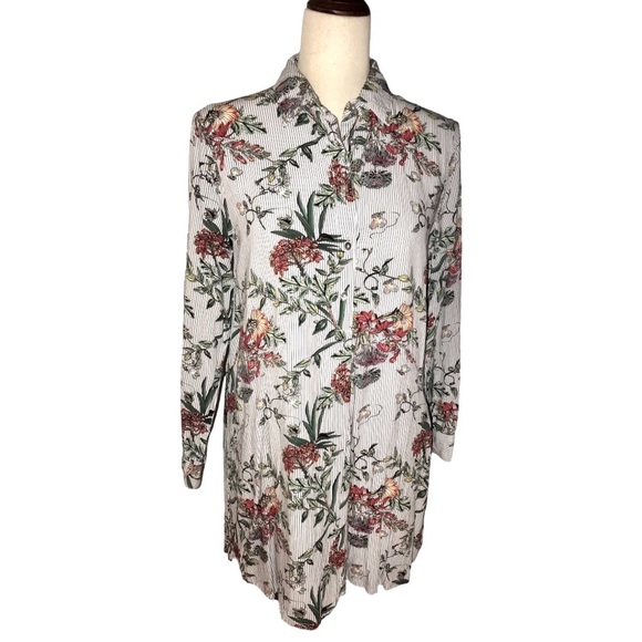 Entro Floral Shirt Dress Button Down Popover Collared Medium Pockets Tab Sleeves - Picture 11 of 15